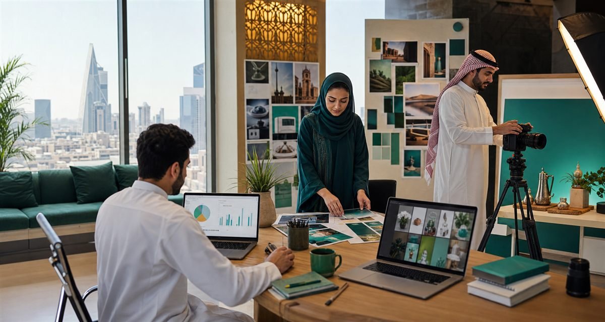 فريق تسويق سعودي داخل استوديو وكالة في الرياض