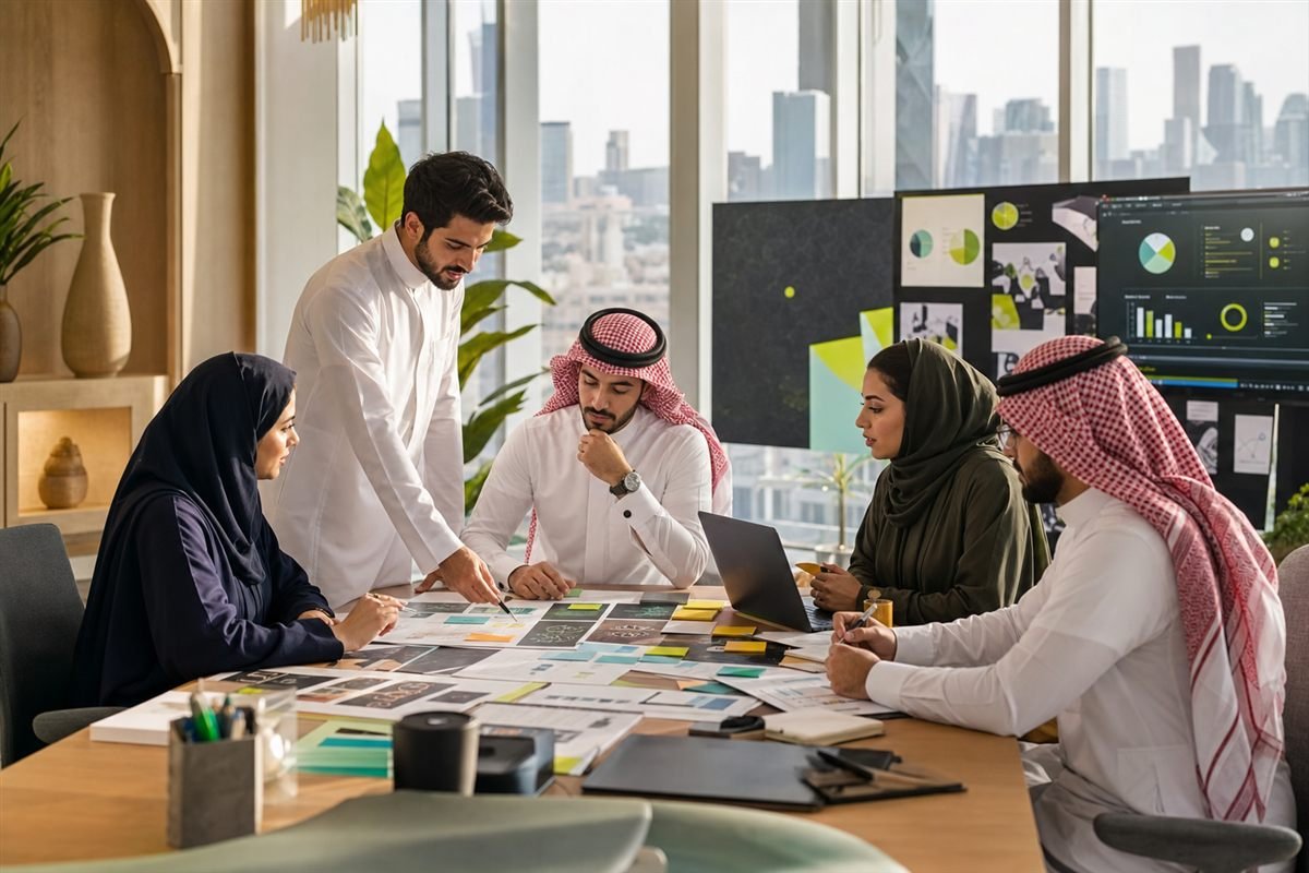فريق بصمة يعمل على استراتيجية تسويق في بيئة عمل سعودية بالرياض
